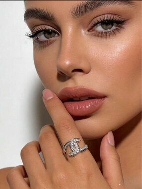 CHANEL Adjustable Silver Crystal Double C Logo Style Ring